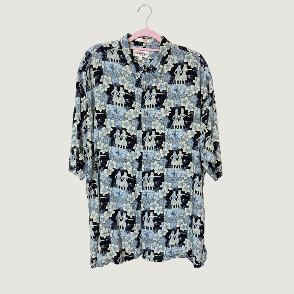 Campia Moda Mens XXL Hula Girl Floral Hawaiian Shirt Blue Black Rayon